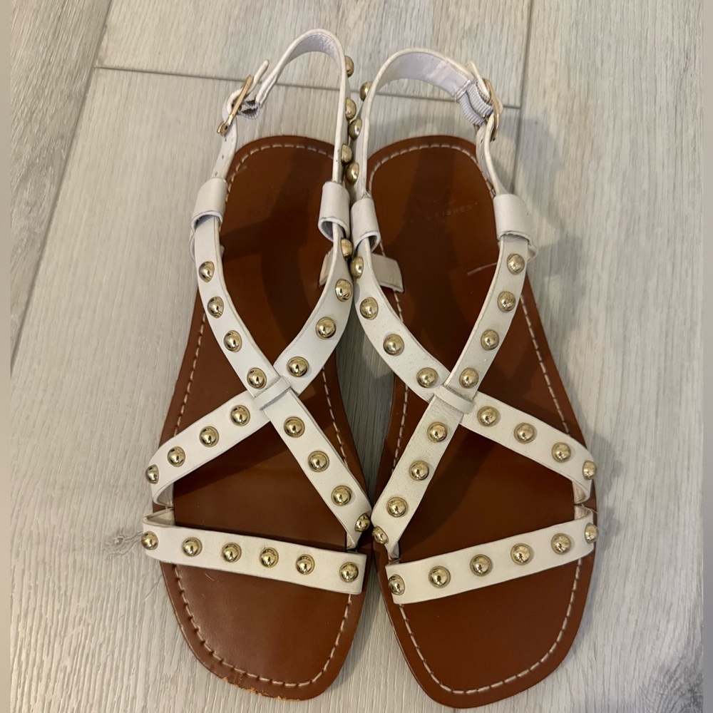 Marc Fisher Fianna Sandal | White Leather & Gold Studs